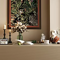Decorative Ornament Combination With Framed Artwork Vase Flowers Candles Open Book Vintage Radio And Figurines