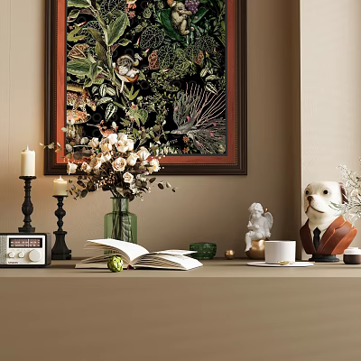 Decorative Ornament Combination With Framed Artwork Vase Flowers Candles Open Book Vintage Radio And Figurines 3d model