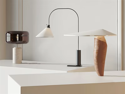Three Stylish Modern Table Lamps With White Shades Black Arms And Unique Bases On 3d model