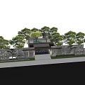 Traditional Chinese Entrance Gate With Stone Wall And Surrounding Trees And Lighting
