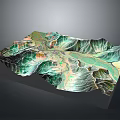 3D Terrain Model With Mountain Ranges Green Vegetation And River Paths