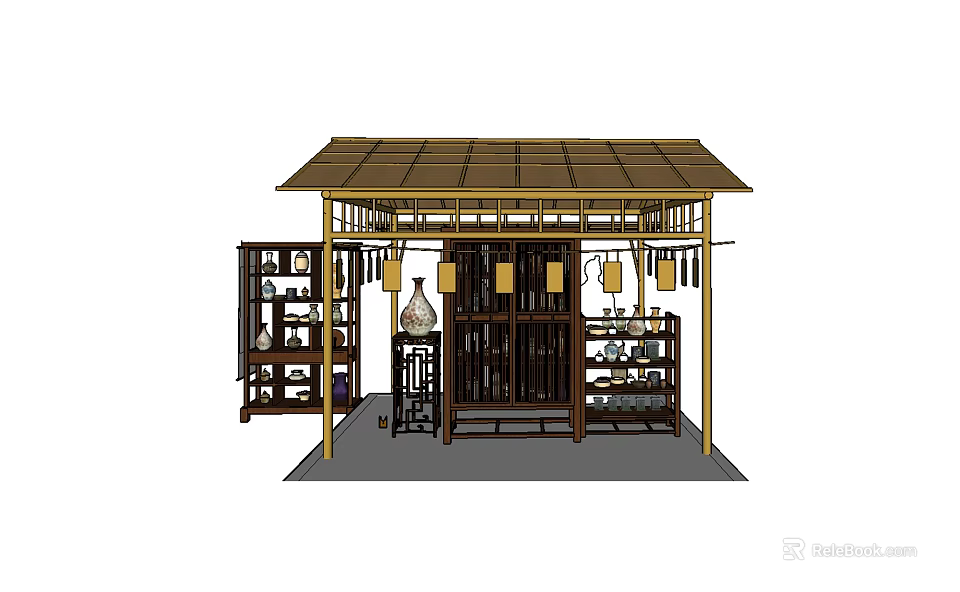 Ancient Architecture Structure With Wooden Roof Ornamental Lanterns And Traditional Shelves Displaying Antique Vases 3d model 