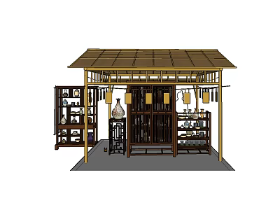 Ancient Architecture Structure With Wooden Roof Ornamental Lanterns And Traditional Shelves Displaying Antique Vases 3d model