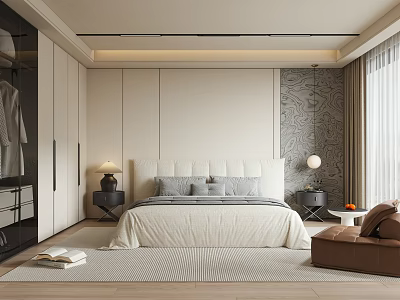 Modern Bedroom Interior With White Bed Gray Cushions Nightstands Lamps And Patterned Accent Wall 3d model