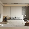 Modern Bedroom Interior With White Bed Gray Cushions Nightstands Lamps And Patterned Accent Wall