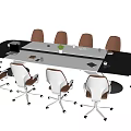 Modern Conference Table With Brown And White Wheeled Chairs Laptop And Green Plant In Office