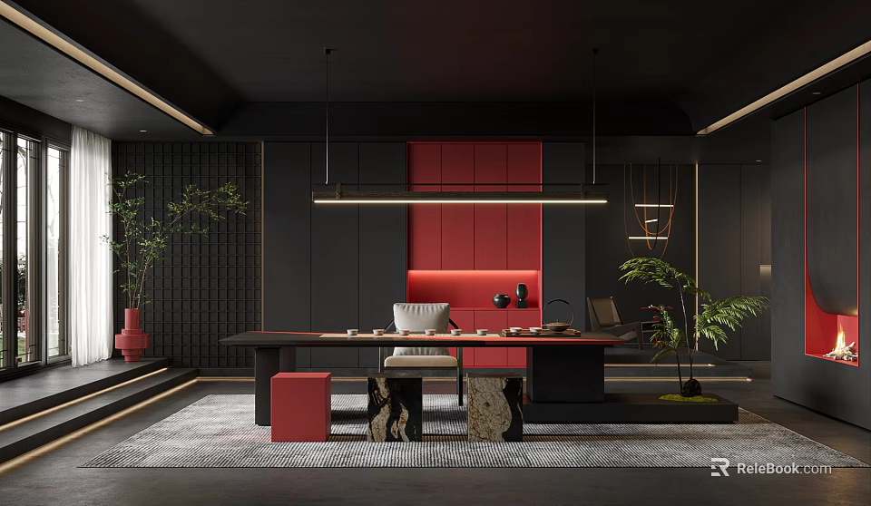 Modern Tea Room With Dark Walls Red Accents And Plants 3d model 