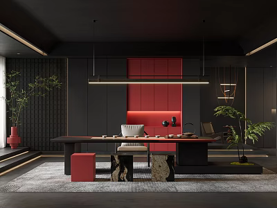 Modern Tea Room With Dark Walls Red Accents And Plants 3d model