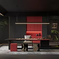 Modern Tea Room With Dark Walls Red Accents And Plants