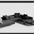 Modern Gray Sectional Sofa With Multiple Pillows And Attached Side Tables 3d model