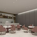 Hotel Public Lounge Area With Long Tables Chairs Gray Walls Ceiling Lights And Green Plants