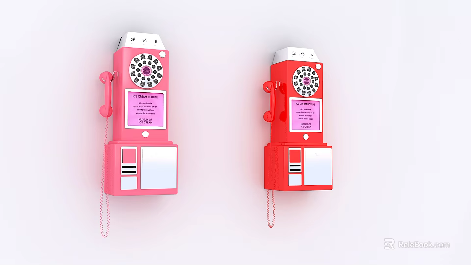 Retro Pink And Red Wall Mounted Rotary Dial Telecom Phones With Labels 3d model 