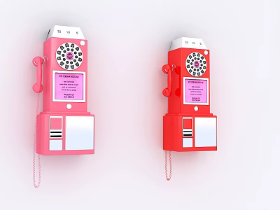 Retro Pink And Red Wall Mounted Rotary Dial Telecom Phones With Labels 3d model