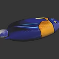 Colorful Blue Stuffed Fish Toy With Yellow And White Accents On Dark Background