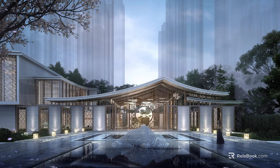 Modern Sales Office Building With Curved Roof Water Feature Trees And High Rise Background 3d model 