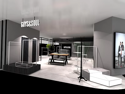 Modern Clothing Store Interior Design With Open Racks Fitting Rooms And Display Area 3d model