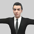 Man In Black Suit With Tie Standing With Arms Outstretched On Gray Background