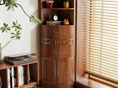 Wooden Storage Cabinet with Shelves Drawers and Cabinets by Window with Plants and Decorative Items 3d model