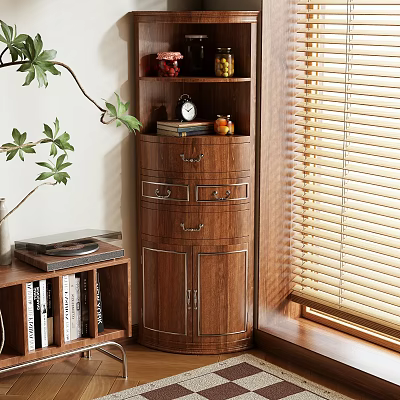Wooden Storage Cabinet with Shelves Drawers and Cabinets by Window with Plants and Decorative Items 3d model