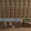 Natural Wooden and Stone Interior With Log Wall Stone Countertop and Wooden Blocks