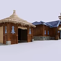 Cartoon Winter Village Scene With Wooden Houses Snow Covered Roofs Windmill And Christmas Tree Decorations