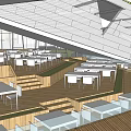 Modern Open Building Interior With Large Glass Windows Trees Tables And People Walking