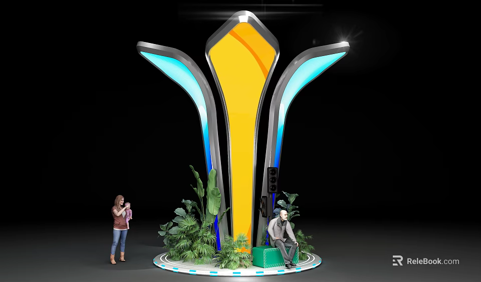 Modern Sculptural Installation With Yellow Body Blue Glowing Sides And Green Plants Around 3d model 