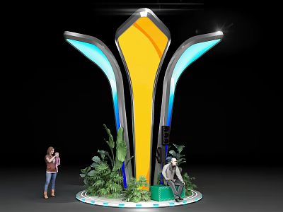 Modern Sculptural Installation With Yellow Body Blue Glowing Sides And Green Plants Around 3d model