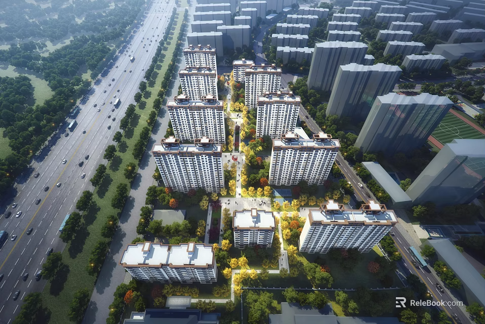 Neatly Arranged Residential Buildings With Greenery And Roads In Aerial View 3d model 