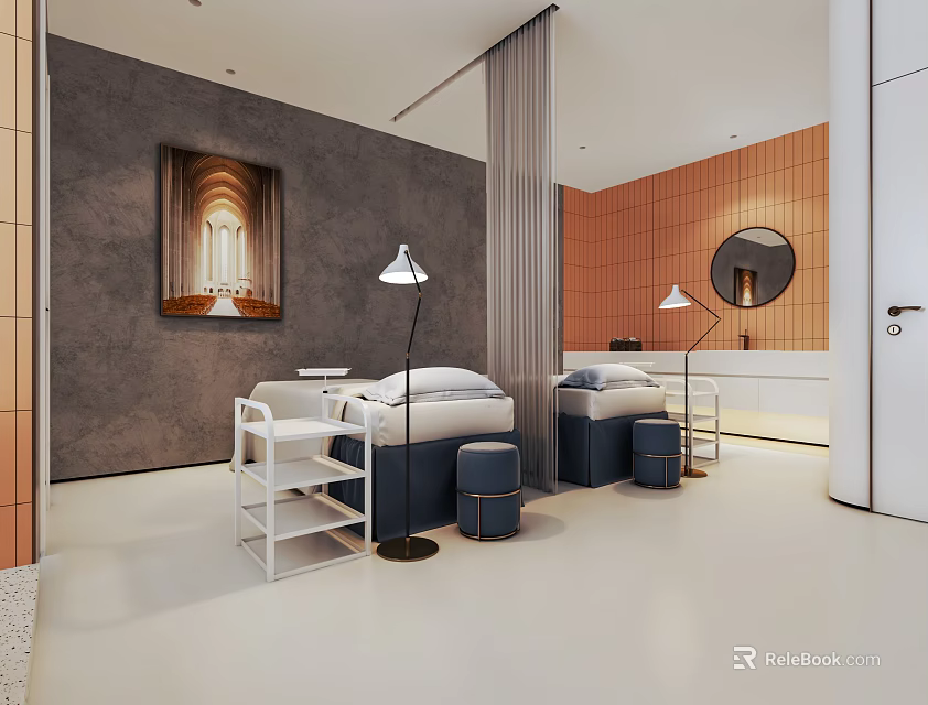 Modern SPA Sauna Interior With Gray Orange Walls White Flooring Massage Beds Lamps Stools Mirror 3d model 