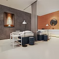 Modern SPA Sauna Interior With Gray Orange Walls White Flooring Massage Beds Lamps Stools Mirror