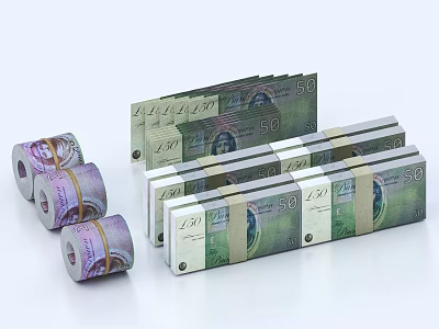 Artistic Decorative Ornament Set with Rolled and Stacked 50 Denomination Banknotes on White Background 3d model