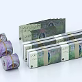 Artistic Decorative Ornament Set with Rolled and Stacked 50 Denomination Banknotes on White Background