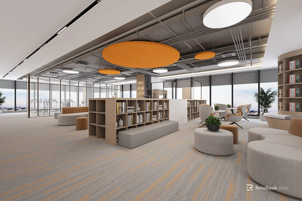 Modern Casual Lounge Area With Large Windows Orange Pendant Lights And Bookshelves 3d model 