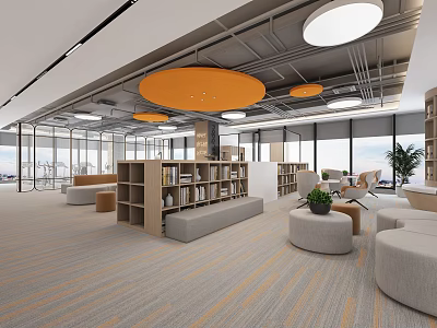 Modern Casual Lounge Area With Large Windows Orange Pendant Lights And Bookshelves 3d model
