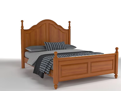 Classic Wooden Double Bed Featuring Carved Arched Headboard Gray Pillows And Plaid Bedding 3d model