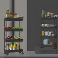 Black Wheeled Multi Tiered Storage Shelf With Fruits Vegetables Bottles And Jars