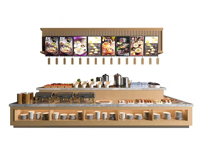 Modern Wooden Retail Display Shelf With Hanging Menu Boards And Food Items 3d model