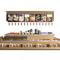 Modern Wooden Retail Display Shelf With Hanging Menu Boards And Food Items
