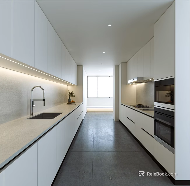 Modern Kitchen Interior With White Cabinets Light Countertops Appliances And Natural Lighting 3d model 