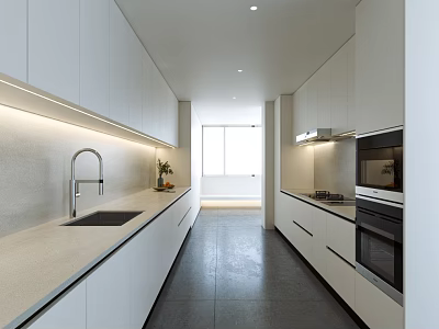 Modern Kitchen Interior With White Cabinets Light Countertops Appliances And Natural Lighting 3d model