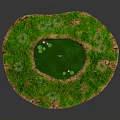 Circular Garden Pond With Green Grass White Flowers And Lotus Leaves