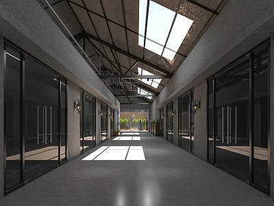 Spacious Industrial Style Commercial Street With Glass Doors Skylights And Gray Floor 3d model