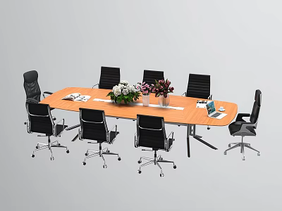 Wooden Conference Table Surrounded By Black Office Chairs With Potted Plants Pink Flowers And Documents 3d model