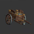 Vintage Wooden Cart with Spoked Wheels and Pottery Jars on Mossy Ground