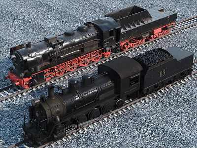 Black Steam Train Models With Red Wheels Coal Car On Railroad Tracks And Gravel 3d model