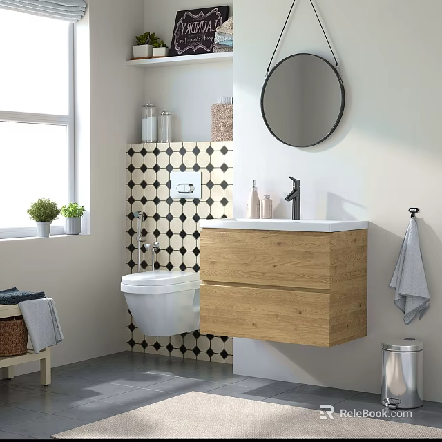 Modern Bathroom with Wooden Vanity Black and White Checkered Tiles Round Mirror and Plants 3d model 