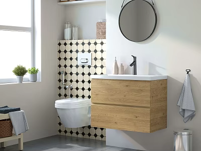 Modern Bathroom with Wooden Vanity Black and White Checkered Tiles Round Mirror and Plants 3d model