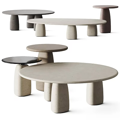 Modern Nestled Round Concrete Coffee Tables With Thick Stool Legs In Multiple Sizes 3d model