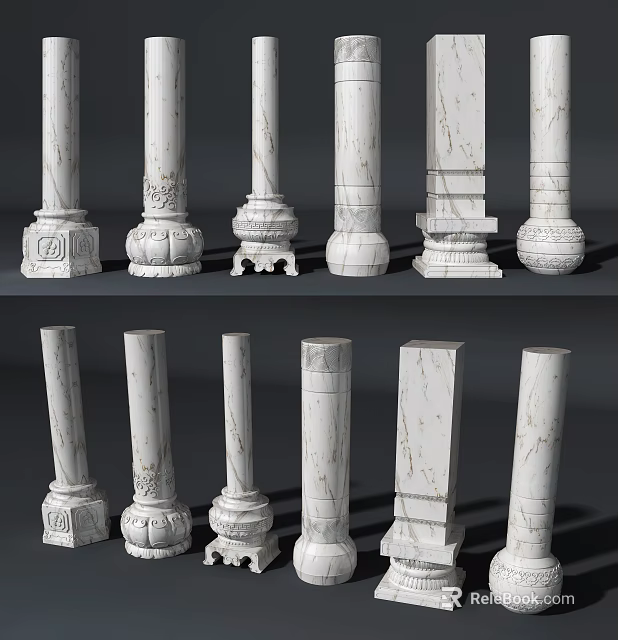 Decorative Marble Columns With Various Carved Bases And Architectural Designs 3d model